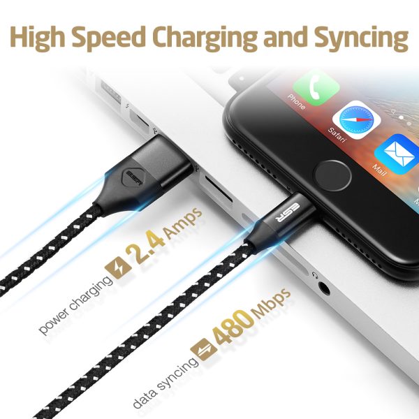USB A to Lightning Cable MFi Certified Nylon Braided by ESR - 6 Feet - Black - Image 2