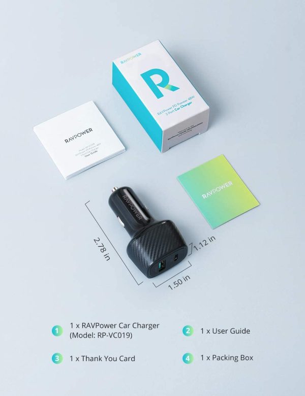 RAVPower 48W Type C Car Charger with 30W Power Delivery & 18W QC 3.0 - RP-VC019 - Black - Image 7