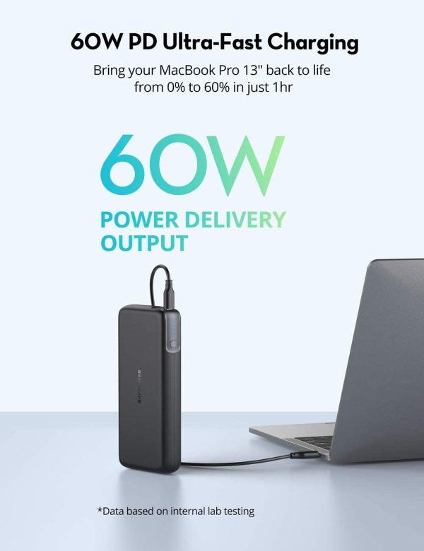 Portable Charger RAVPower 20000mAh 60W PD 3.0 USB C Power Bank for Laptop & Phones Charging - RP-PB201 - Black - Image 5