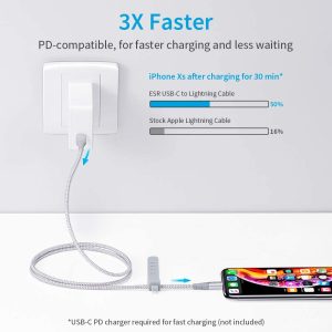 USB C to Lightning Cable MFi Certified Nylon Braided by ESR - 3 Feet - Silver - Image 4