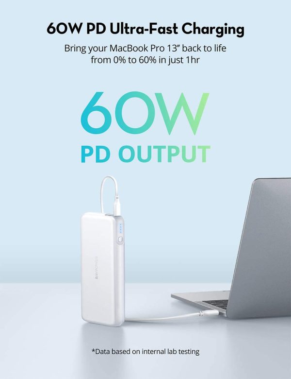 Portable Charger RAVPower 20000mAh 60W PD 3.0 USB C Power Bank for Laptop & Phones Charging - RP-PB201 - White - Image 2