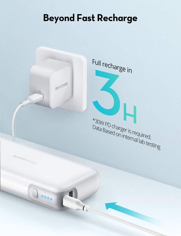 Portable Charger RAVPower 20000mAh 60W PD 3.0 USB C Power Bank for Laptop & Phones Charging - RP-PB201 - White - Image 4