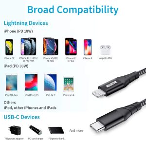 USB C to Lightning Cable MFi Certified Nylon Braided by ESR - 3 Feet - Black - Image 2
