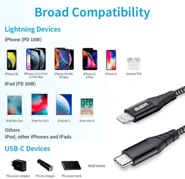 61sM6lhcAAL._AC_SL1000_ USB C to Lightning Cable MFi Certified Nylon Braided by ESR - 3 Feet - Black - Image 2