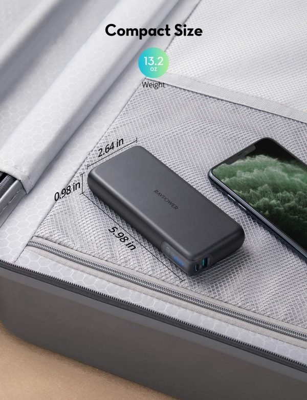 Portable Charger RAVPower 20000mAh 60W PD 3.0 USB C Power Bank for Laptop & Phones Charging - RP-PB201 - Black - Image 2