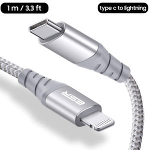 USB C to Lightning Cable MFi Certified Nylon Braided by ESR - 3 Feet - Silver