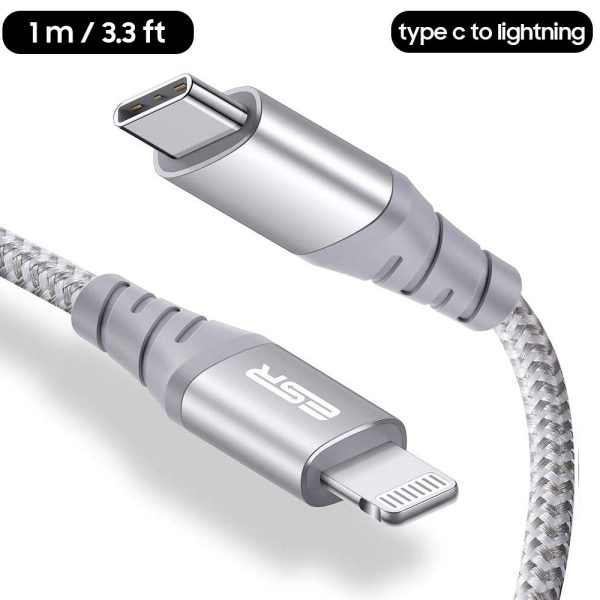 USB C to Lightning Cable MFi Certified Nylon Braided by ESR - 3 Feet - Silver - Image 1