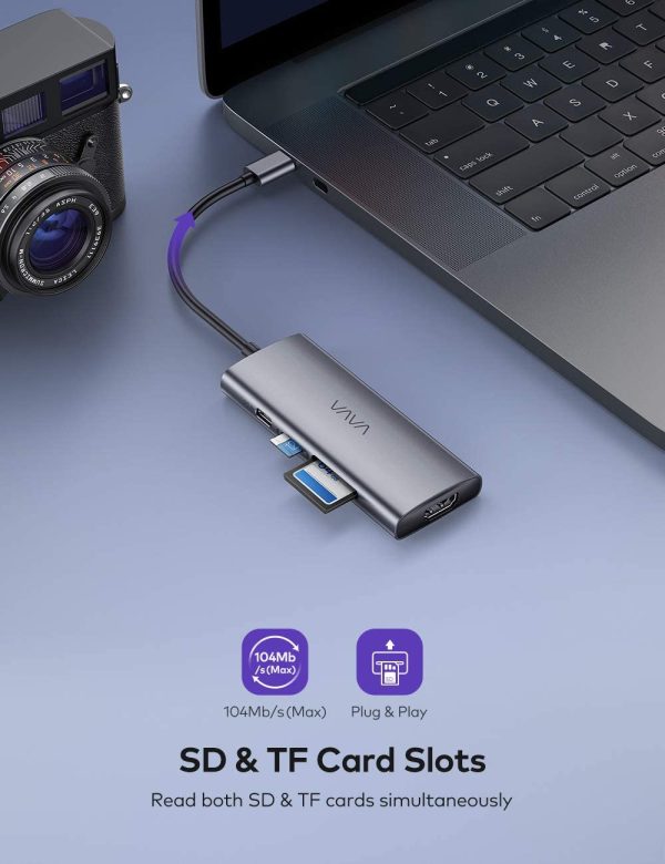 VAVA USB C Hub, 7-in-1 USB C Adapter for MacBook/Pro/Air, with 3 USB 3.0 Ports, 4K USB-C to HDMI, SD/TF Cards Reader, 100W Power Delivery Charging Port - Space Gray - VA-UC017 - Image 3