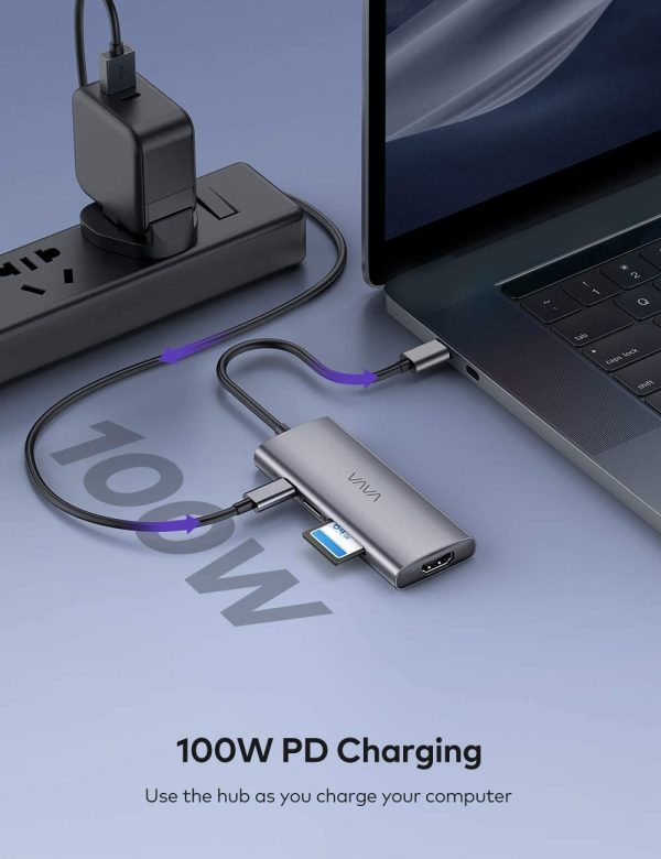 VAVA USB C Hub, 7-in-1 USB C Adapter for MacBook/Pro/Air, with 3 USB 3.0 Ports, 4K USB-C to HDMI, SD/TF Cards Reader, 100W Power Delivery Charging Port - Space Gray - VA-UC017 - Image 6