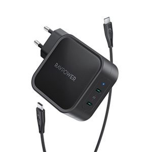 RAVPower 90W Wall Charger PD 3.0 Dual Port Fast Charging USB C Charger GaN Tech -  EU Plug - Charges 2 Laptops at once - Black - RP-PC128