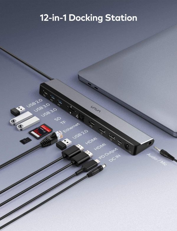 VAVA USB C 12 in 1 Docking Station with Dual 4K HDMI Output RJ45 Ethernet, 4 USB Ports, SD/TF Cards Reader, PD USB-C Charging Port, Audio/Mic for MacBook/Pro/Air, Type C Windows Laptops - VA-DK004 - Image 4