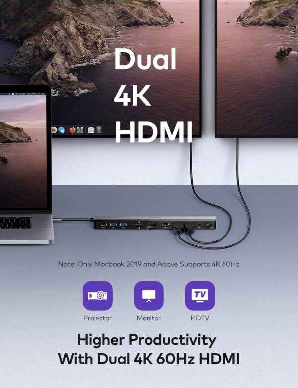 VAVA USB C 12 in 1 Docking Station with Dual 4K HDMI Output RJ45 Ethernet, 4 USB Ports, SD/TF Cards Reader, PD USB-C Charging Port, Audio/Mic for MacBook/Pro/Air, Type C Windows Laptops - VA-DK004 - Image 5