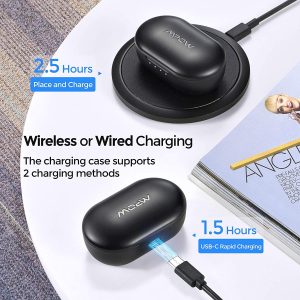 MPOW MX1 Bluetooth Headphones w / Wireless Charging Case / USB-C Charge, 4 Mics Noise Reduction in Ear Headset, 35H Playtime/Hi-Fi Stereo/Touch Control, IPX8 Waterproof Sport Earphones - Black - Image 7