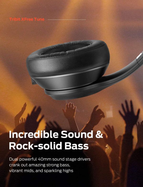 Tribit XFree Tune Bluetooth Headphones Over Ear - Wireless Headphones Noise Cancelling, Hi-Fi Stereo Sound with Rich Bass, Built-in Mic, Soft Earmuffs - Foldable Headset, 24 Hrs Playtime - Black - Image 4