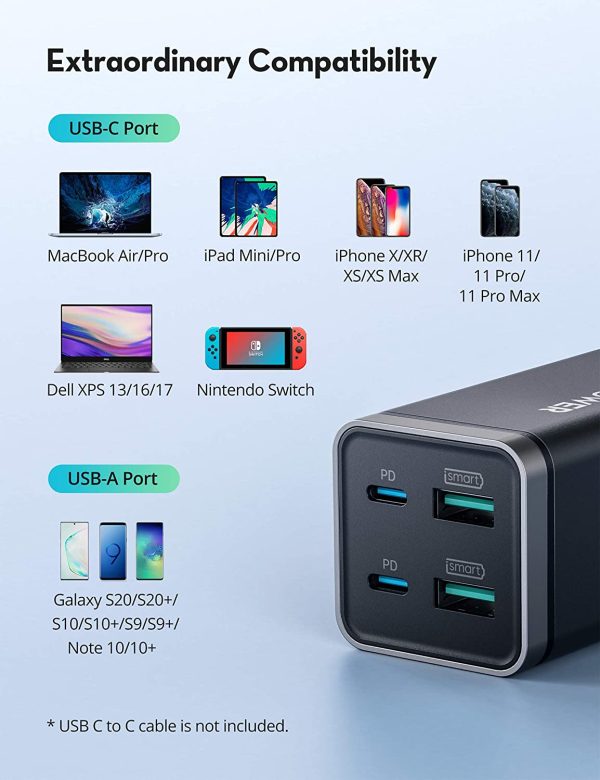 RAVPower 65W 4 Port Desktop USB Charging Station GaN Tech with 2 USB C Ports + 2 USB A Ports for MacBook Pro/Air, iPad Pro, iPhone & More - Black - RP-PC136 - Image 5