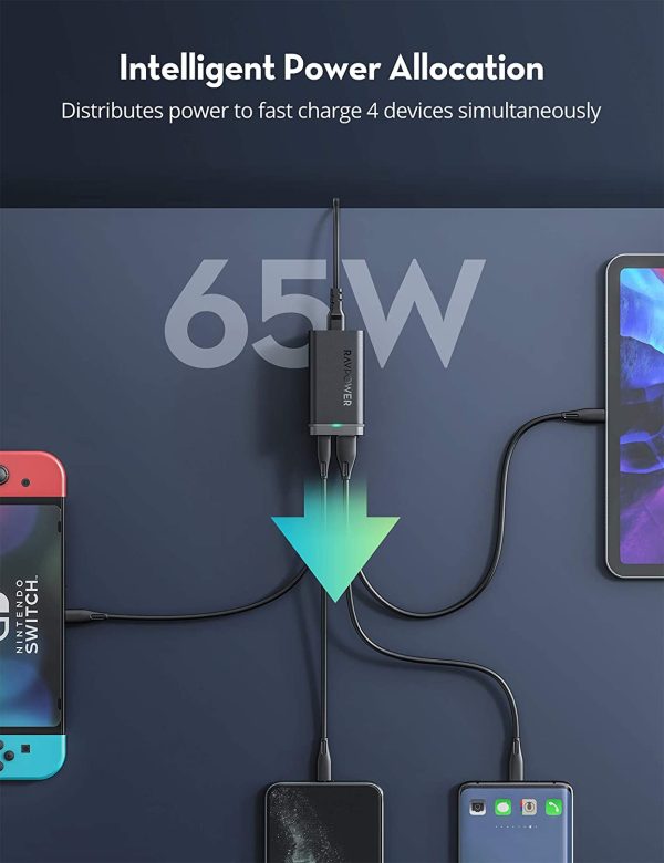 RAVPower 65W 4 Port Desktop USB Charging Station GaN Tech with 2 USB C Ports + 2 USB A Ports for MacBook Pro/Air, iPad Pro, iPhone & More - Black - RP-PC136 - Image 7