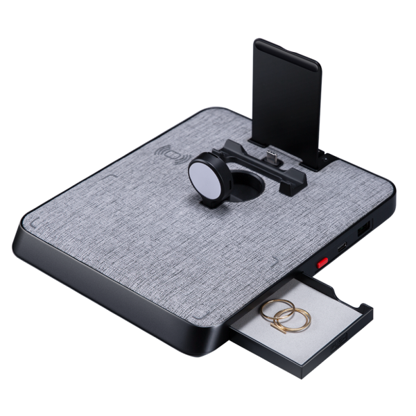 Air Omni Lite 6 in 1 Wireless Charger with 18W Fast Charging Ports, Position Free Charging, Apple Watch Mount compatible with Travel Pouch by PITAKA - Gray Cloth Weave - Image 1