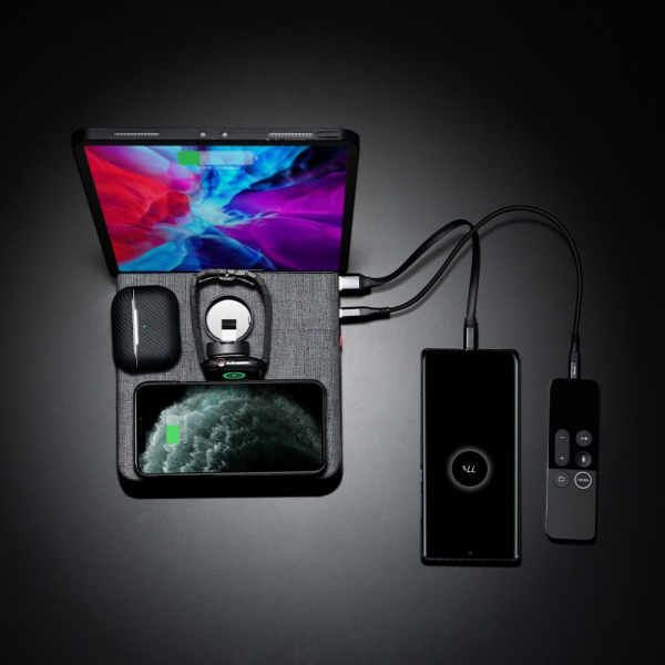 Air Omni Lite 6 in 1 Wireless Charger with 18W Fast Charging Ports, Position Free Charging, Apple Watch Mount compatible with Travel Pouch by PITAKA - Gray Cloth Weave - Image 5