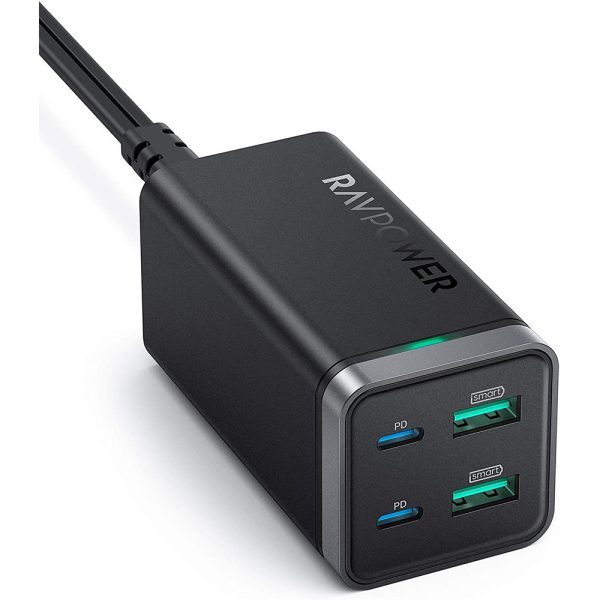 RAVPower 65W 4 Port Desktop USB Charging Station GaN Tech with 2 USB C Ports + 2 USB A Ports for MacBook Pro/Air, iPad Pro, iPhone & More - Black - RP-PC136 - Image 1