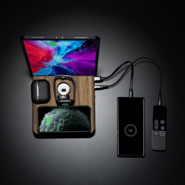 Air Omni Lite 6 in 1 Wireless Charger with 18W Fast Charging Ports, Position Free Charging, Apple Watch Mount compatible with Travel Pouch by PITAKA - Walnut Wood Grain - Image 2