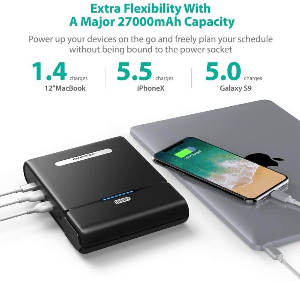 AC Outlet Portable Charger RAVPower 27000mAh 85W(100W Max) Built in 3-Prong Power Bank Laptop Travel Charger - Black - RP-PB055 - Image 2