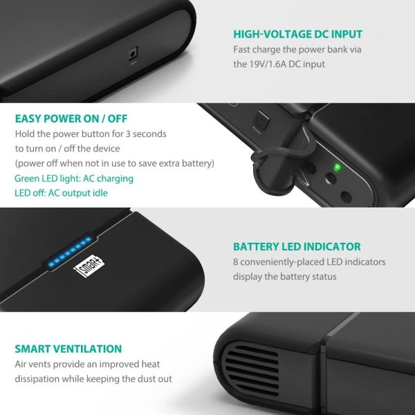 AC Outlet Portable Charger RAVPower 27000mAh 85W(100W Max) Built in 3-Prong Power Bank Laptop Travel Charger - Black - RP-PB055 - Image 3