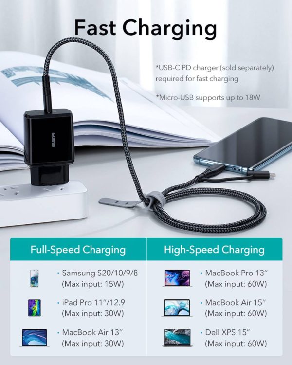 Type C to Type C + Micro USB Fast Charging Cable Nylon Braided by ESR - Black - Image 2