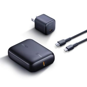 Aukey TK-2 iPhone 12 Bundle, Omnia Mini 20W USB C Charger, 10000mAh Power Bank with 18W PD and Impulse MFi Braided Nylon USB C to Lightning Cable - Black