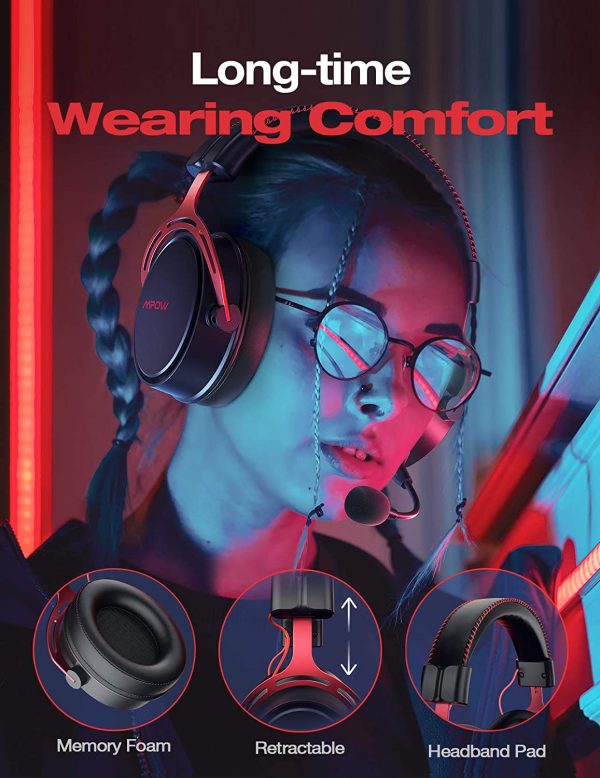 Mpow Air SE Gaming Headset 7.1 Channel Surround Sound for Xbox One PS4 PS5 PC Switch - Gaming Headphones with Fixed Mic, Over-Ear Gaming headsets with 3D Surround Sound, in-Line Control & High End Quality - Red - Image 4