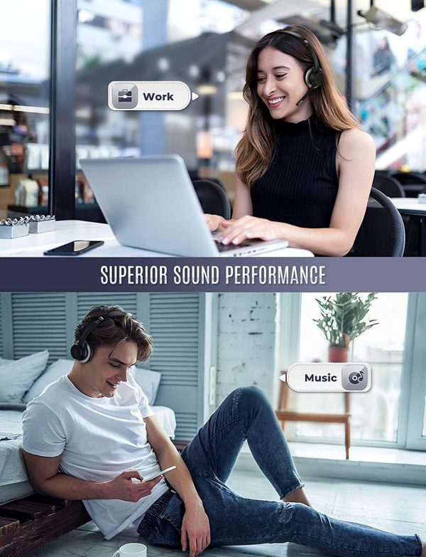 Mpow HC5 Bluetooth Headset V5.0, Wireless Headphones with Dual Microphone, CVC8.0 Noise Canceling, 22+Hrs Talk Time, Soft Ear Pad, Wireless Business Office Headset for Calling, Music (Wired Optional) - Black - Image 4