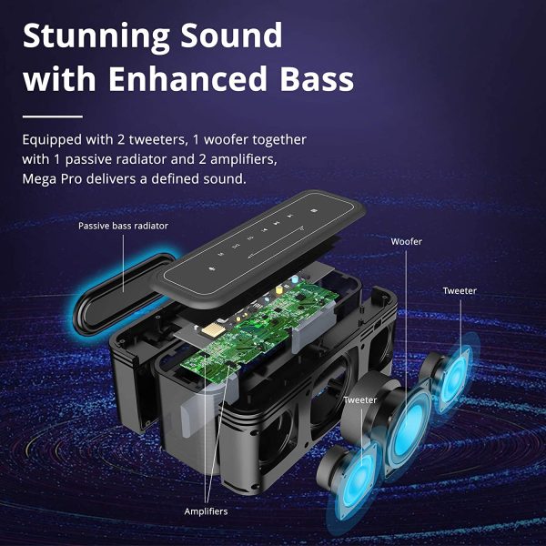 Tronsmart Mega Pro 60W 2.1 Channel Audio Wireless Speaker with Stereo Sound, Extra Bass, 10-Hour Playtime, 65-Foot Bluetooth Range , IPX5 Waterproof, NFC, LED Touch Control - Image 2