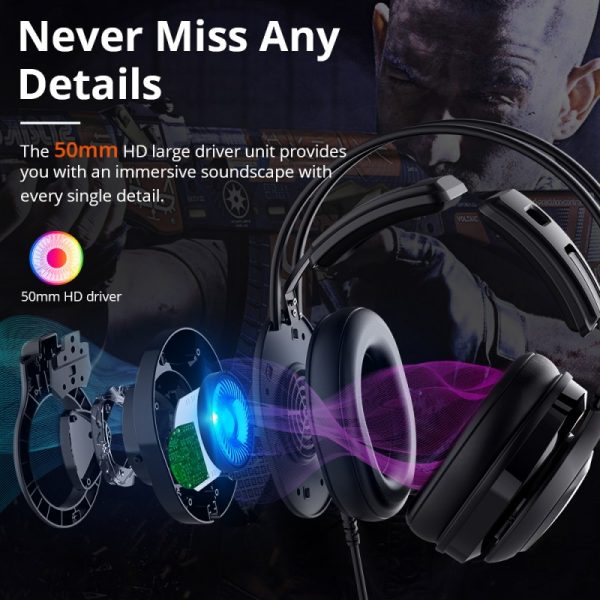Tronsmart Glary Alpha Gaming Headset with 50 mm HD Large Drivers, 360 Degree Microphone, RGB Changeable Lights - Black - Image 5