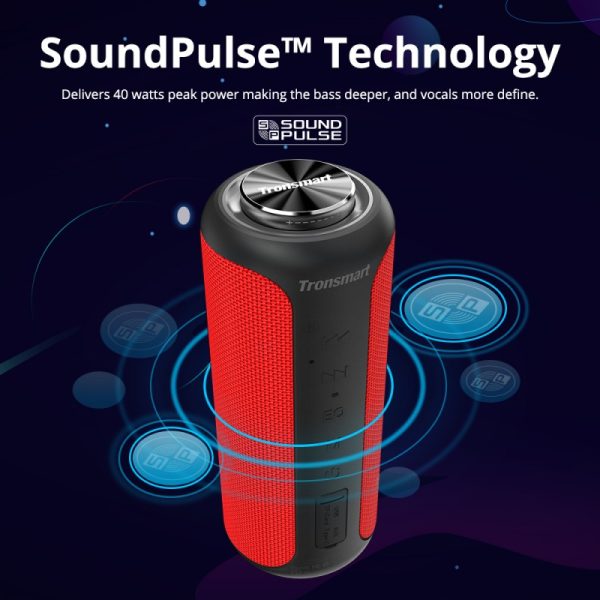 Tronsmart T6 Plus Upgraded Edition SoundPulse™ Portable Bluetooth Speaker 40W with Tri-Bass Effects, 6600mAh Powerbank, IPX6 Waterproof, TWS, NFC, 15H Playtime - Red - Image 6