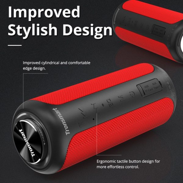 Tronsmart T6 Plus Upgraded Edition SoundPulse™ Portable Bluetooth Speaker 40W with Tri-Bass Effects, 6600mAh Powerbank, IPX6 Waterproof, TWS, NFC, 15H Playtime - Red - Image 3