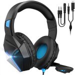 Mpow EG10 Gaming Headset for PS5, PS4, PC, Xbox One,Switch - 7.1 Surround Sound Headset with Microphone,Noise Cancelling,LED Light,Soft Earmuffs,Gaming Headphone with Microphone - Blue