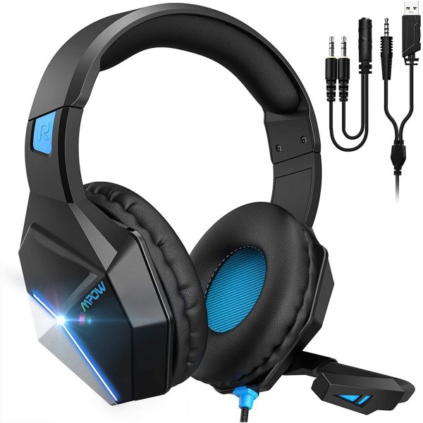 mpow-eg10-square Mpow EG10 Gaming Headset for PS5, PS4, PC, Xbox One,Switch - 7.1 Surround Sound Headset with Microphone,Noise Cancelling,LED Light,Soft Earmuffs,Gaming Headphone with Microphone - Blue - Image 1