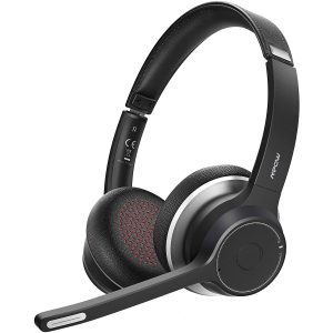 Mpow HC5 Bluetooth Headset V5.0, Wireless Headphones with Dual Microphone, CVC8.0 Noise Canceling, 22+Hrs Talk Time, Soft Ear Pad, Wireless Business Office Headset for Calling, Music (Wired Optional) - Black