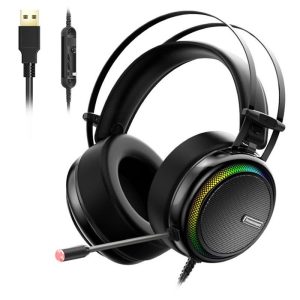 Tronsmart Glary Gaming Headset 7.1 Virtual Surround Sound Stereo Sound with Colorful LED Lighting USB Interface Mic for PC Laptop - Black