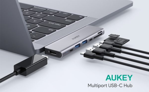 AUKEY USB C Hub 7 in 1 MacBook Pro with 4K HDMI, Thunderbolt 3, 2 USB 3.0, USB-C Data Port, SD and MicroSD Card Reader USB Type C Hub - CB-C76 - Image 9
