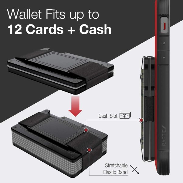 iPhone 12 Pro Max Raptic Shield Wallet Case Drop Protective iPhone Case + Removable Minimalist Metal RFID Blocking Credit Card Holder with Cash Strap - Red - Image 2