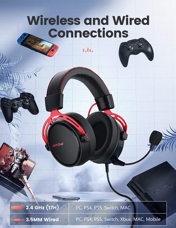 Mpow Air 2.4G Wireless Gaming Headset for PS5/PS4/PC Computer Headset with Dual Chamber Driver, Upto 17 hours of Use, Noise Cancelling Mic, 3D Bass - Red - Image 7