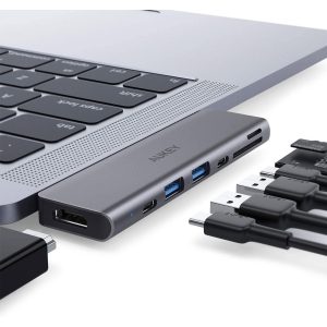 AUKEY USB C Hub 7 in 1 MacBook Pro with 4K HDMI, Thunderbolt 3, 2 USB 3.0, USB-C Data Port, SD and MicroSD Card Reader USB Type C Hub - CB-C76