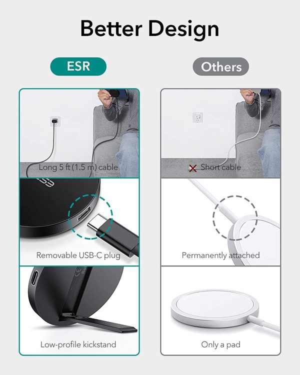 ESR HaloLock Kickstand Wireless Charger, Compatible with iPhone 12/12 mini/12 Pro/12 Pro Max and Magnetic Cases, with 5 ft (1.5 m) Removable Cable (Adapter Not Included) - Black - Image 7