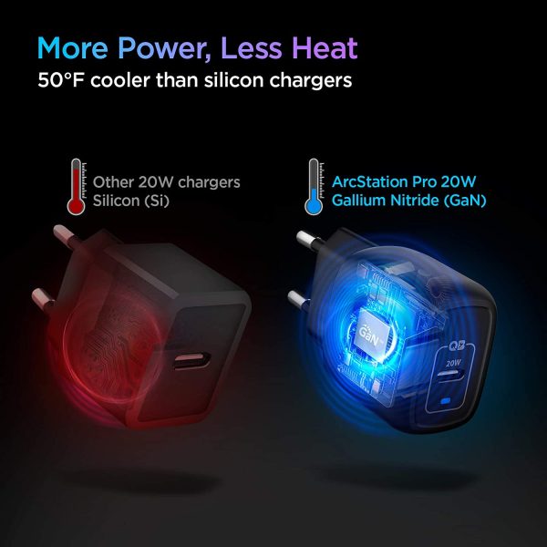 20W iPhone 13 / iPhone 12 GaN Charger ArcStation Pro by PowerArc Spigen - Black - EU Plug - Image 2