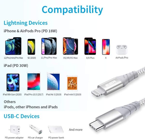 USB C to Lightning Cable MFi Certified Nylon Braided by ESR - 6 Feet - Silver - Image 2