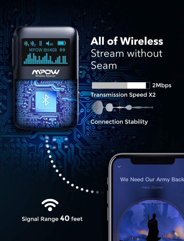 MPOW Wireless Music Receiver for Music Streaming on Devices without Bluetooth with LCD Screen - Black - Image 4