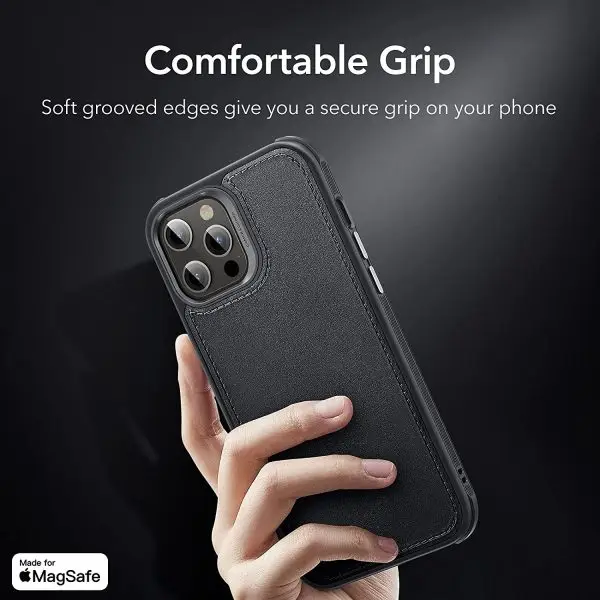 Apple iPhone 12 Pro Max MagSafe Vegan Leather Case by ESR supports Magnetic Charging with Camera Guard - Black - Image 6