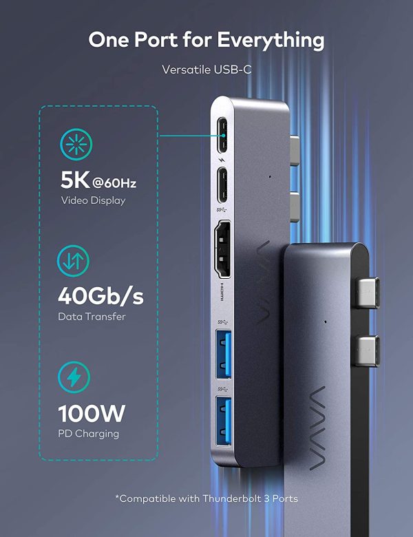 VAVA USB C Hub for MacBook Pro / Air, Dual-Monitor Adapter, 5K 60Hz Display, Ultra-Slim, HDMI Video Output, Versatile Thunderbolt 3 Compatible USB-C Port for 100W PD Charging, 40Gbps Data Transfer - VA-UC019 - Image 5