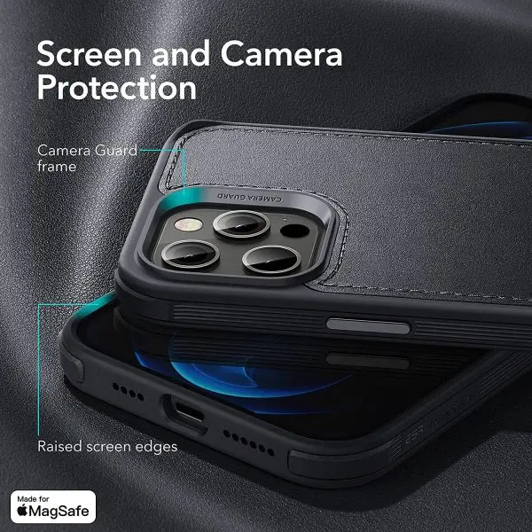 Apple iPhone 12 Pro Max MagSafe Vegan Leather Case by ESR supports Magnetic Charging with Camera Guard - Black - Image 4