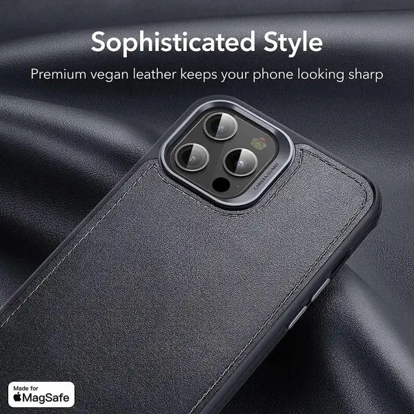 Apple iPhone 12 Pro Max MagSafe Vegan Leather Case by ESR supports Magnetic Charging with Camera Guard - Black - Image 3